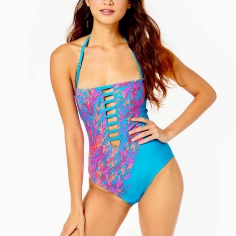 Lilly Pulitzer Turquoise One-Piece Swimsuit with Pink & Purple Coral Motif